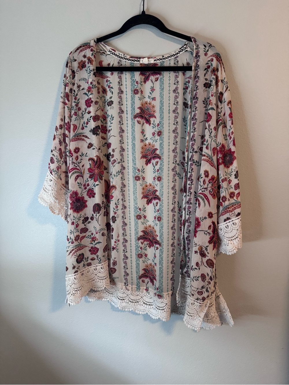Floral Lace-Trim Kimono Cardigan - Cream with Rust and Blue Floral